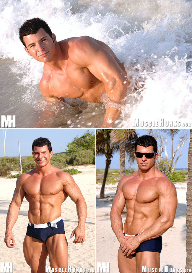 Bodybuilder Tony DaVinci showing off his physique at the beach